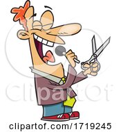 Cartoon Man Talking Into A Microphone And Holding Scissors
