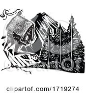 Black And White Woodcut Cabin And Mountain