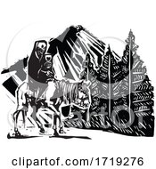 Poster, Art Print Of Black And White Woodcut Horseback Skeleton And Mountain