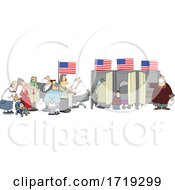 Poster, Art Print Of Cartoon People Wearing Masks At The Voter Booths