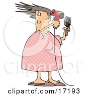 Caucasian Woman Her Pjs Holding A Hairbrush And Using A Red Blow Dryer To Dry And Style Her Hair While Getting Ready For Work In The Morning Clipart Illustration Image