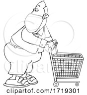 Poster, Art Print Of Cartoon Black And White Essential Store Worker Wearing A Mask And Standing With A Cart
