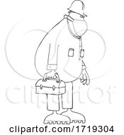Poster, Art Print Of Cartoon Black And White Male Worker Wearing A Mask And Carrying A Lunch Pail