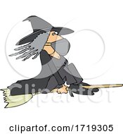 Cartoon Halloween Witch Flying And Wearing A Mask
