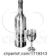 Wine Glass And Bottle Vintage Woodcut Etching by AtStockIllustration