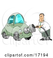 Poster, Art Print Of Nervous Caucasian Businessman Trying To Figure Out How To Plug In His New Electric Car To A Socket