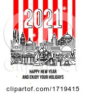 Poster, Art Print Of Modern Style Numbers 2021 With Cityscape Of Worlds Most Popular Tourist Attractions And Happy New Year Greetings On Striped Background