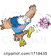 Poster, Art Print Of American Bald Eagle Mascot Wearing A Mask And Kicking Corona Virus