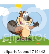 Poster, Art Print Of Cartoon Beaver Mascot Waving On A Hill