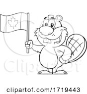 Cartoon Black And White Beaver Mascot Holding A Canadian Flag