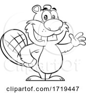 Poster, Art Print Of Cartoon Black And White Beaver Mascot Waving