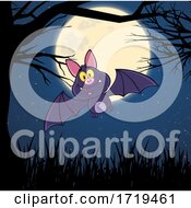 Poster, Art Print Of Happy Flying Bat Against A Full Moon