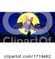 Poster, Art Print Of Happy Flying Bat Against A Full Moon Over A Cemetery