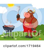 Cartoon Bull BBQ Chef Grilling Sausages On A Barbeque Outside