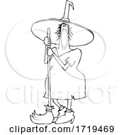 Poster, Art Print Of Cartoon Black And White Halloween Witch Wearing A Covid Mask And Standing With A Broom