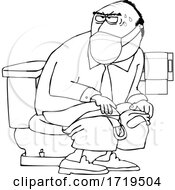 Cartoon Black And White Man Wearing A Mask And Taking A Dump In A Public Restroom