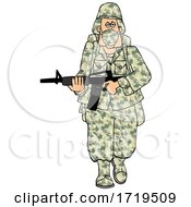 Poster, Art Print Of Cartoon Army Soldier Wearing A Mask And Walking With A Rifle