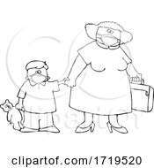 Poster, Art Print Of Cartoon Black And White Traveling Mother And Son Wearing Covid Face Masks
