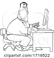Cartoon Black And White Businessman Wearing A Covid Mask And Typing At A Desk
