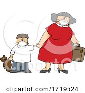 Cartoon Traveling Mother And Son Wearing Covid Face Masks