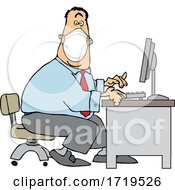 Cartoon Businessman Wearing A Covid Mask And Typing At A Desk