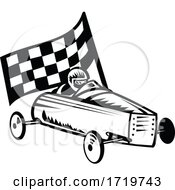 Poster, Art Print Of Vintage Soap Box Derby Or Soapbox Car Racer Racing Flag Retro Black And White