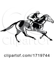 Poster, Art Print Of Jockey Riding Thoroughbred Horse Racing Retro Woodcut Black And White