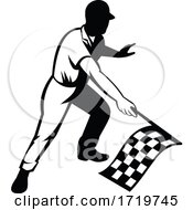 Poster, Art Print Of Flagman Race Official Waving Checkered Or Chequered Flag Finish Line Retro Retro Black And White