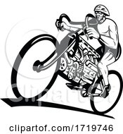 Cyclist Riding Bicycle With Eight Cylinder Piston Engine Or V8 Engine Retro Black And White by patrimonio
