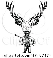 Poster, Art Print Of Stag Buck Or Deer Hunter With Hunting Rifle Retro Woodcut Black And White