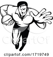 Poster, Art Print Of Rugby Player Running With Ball Fending Off Retro Black And White