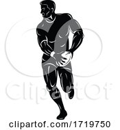 Poster, Art Print Of Rugby Player Running Passing Ball Viewed From Front Retro Woodcut Black And White