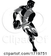 Poster, Art Print Of Rugby Player Passing The Ball Viewed From Front Retro Woodcut Black And White