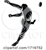 Poster, Art Print Of Rugby Player Or Kicker Kicking The Ball Viewed From Rear Retro Woodcut Black And White