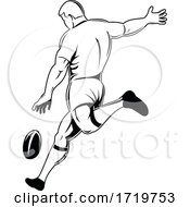 Poster, Art Print Of Rugby Player Or Kicker Drop Kicking The Ball Viewed From Side Retro Woodcut Black And White