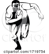 Poster, Art Print Of Rugby Player Running With Ball Viewed From Front Retro Woodcut Black And White