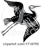 Poster, Art Print Of White Faced Heron Egretta Novaehollandiae Or White Fronted Heron Flying Retro Woodcut Black And White