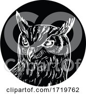 Poster, Art Print Of Head Of Great Horned Owl Woodcut Retro Black And White