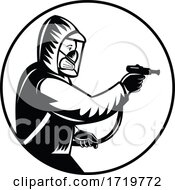 Poster, Art Print Of Pest Control Exterminator Spraying Pesticide Or Insecticide Retro Woodcut Black And White