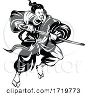Poster, Art Print Of Samurai Warrior Or Bushi With Katana Sword Fighting Retro Woodcut Black And White