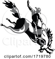 Poster, Art Print Of Rodeo Cowboy Rider Riding A Bucking Bronco Retro Woodcut Black And White