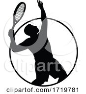 Poster, Art Print Of Male Tennis Player With Racquet Serving Silhouette Circle Retro Retro Black And White