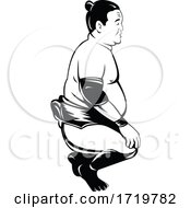 Poster, Art Print Of Sumo Wrestler Or Rikishi Squatting Side View Retro Black And White
