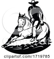 Poster, Art Print Of Professional Rodeo Cutting Horse Competition Retro Black And White