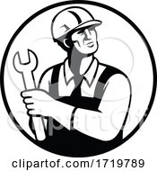 Repairman Or Handyman Holding A Spanner Looking Up Circle Retro Black And White