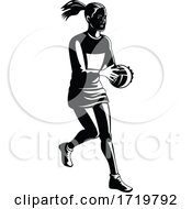 Poster, Art Print Of Netball Player Catching And Passing Ball Retro Black And White