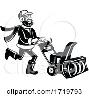 Poster, Art Print Of Man Pushing A Snow Blower Or Snow Thrower Cartoon Retro Black And White