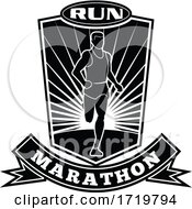 Poster, Art Print Of Marathon Runner Running Front View Shield Retro Black And White