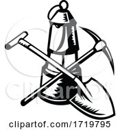 Poster, Art Print Of Vintage Coal Miners Lamp Or Davy Lamp With Crossed Shovel And Pickax Retro Woodcut Black And White
