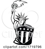 Lady Liberty With Torch And Usa American Stars And Stripes Shield Mascot Black And White